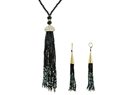 Off Park ® Collection, White Crystal, Black &  Green Iridescent Beads Gold Tone Tassel Jewelry Set