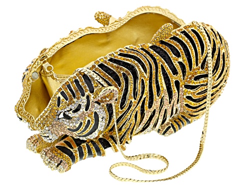 Off Park ® Collection Multicolor Crystal Black And White Enamel Gold Tone Tiger Clutch With Chain