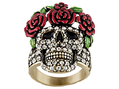 Off Park ® Collection White Crystal Multicolor Enamel Day Of The Dead Skull Ring - Size 6