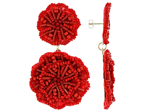 Off Park Collection ™ Gold Tone Beaded Red Fabric Flower Earrings