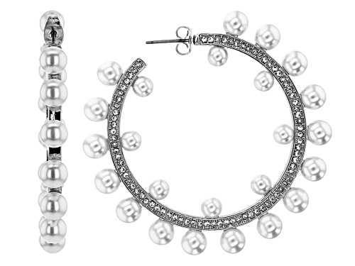 Photo of Off Park ® Collection, Silver Tone Round Pearl Simulant With White Crystals Hoop Earrings