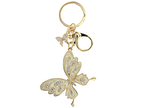 White Crystal Gold Tone Butterfly Key Chain