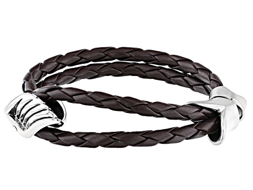 Off Park® Collection White Crystal With Braided Brown Leather Silver Tone Mens Bracelet