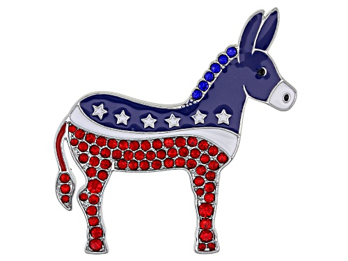 Off Park® Collection, Red & Blue Crystal With Red, White and Blue Enamel Silver Tone Donkey Brooch