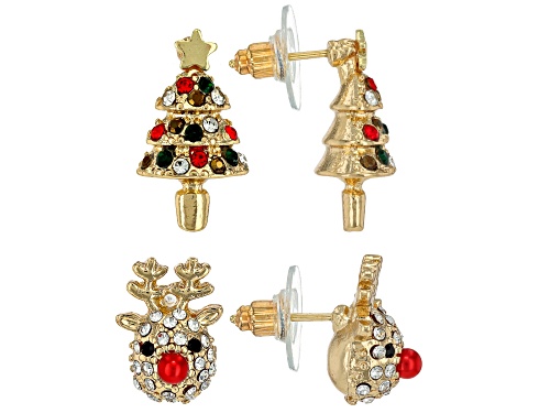 Off Park® Collection Multi-Color Crystal Gold Tone Reindeer & Christmas Tree Earrings Set of 2