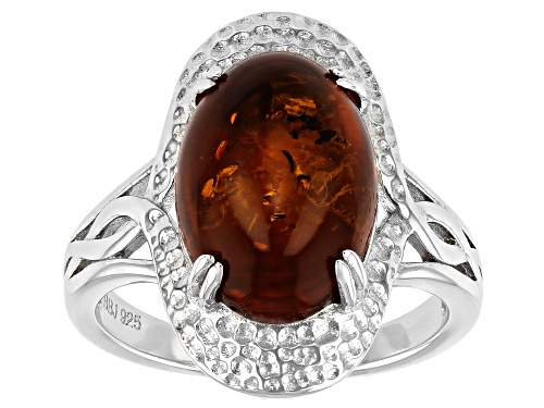 14x10mm Oval Cabochon Amber Rhodium Over Sterling Silver Solitaire Ring - Size 7