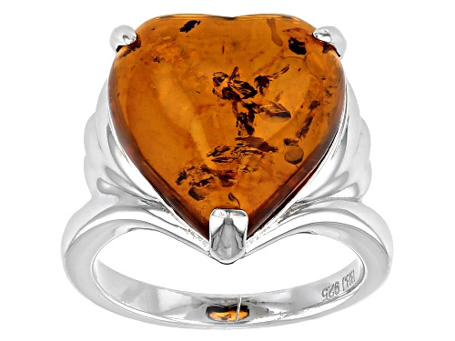 15mm x 15mm Heart-Shaped Cabochon Amber Rhodium Over Sterling Silver Solitaire Ring - Size 10