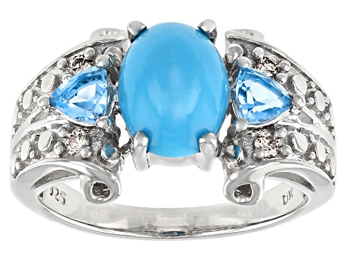 Photo of 9x7mm Oval Sleeping Beauty Turquoise, 0.56ctw Swiss Blue Topaz And Diamond Rhodium Over Silver Ring - Size 8