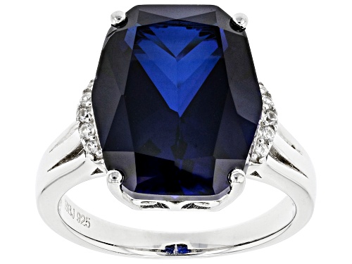 9.48ct Lab Created Blue Sapphire and 0.06ctw White Zircon Rhodium Over Silver Ring - Size 8