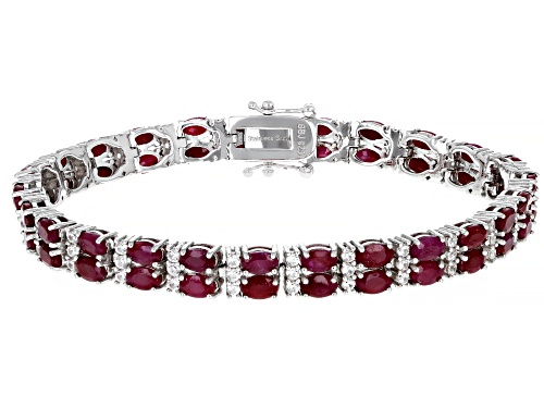 14.87ctw Oval Indian Ruby With 2.82ctw Round White Zircon Rhodium Over Sterling Silver Bracelet - Size 8
