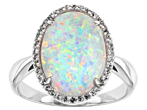 Photo of 14x10mm Oval Lab Created Opal With 0.19ctw Lab Created White Sapphire Rhodium Over Silver Ring - Size 8