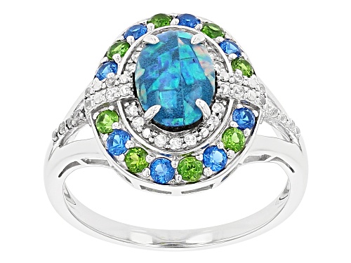 Photo of 9x6mm Opal Triplet With Chrome Diopside, Lab Blue Spinel & White Zircon Rhodium Over Silver Ring - Size 7
