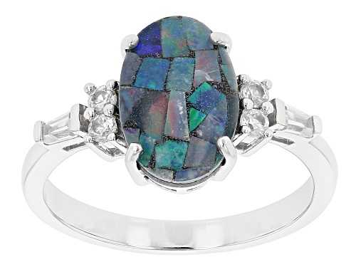 Photo of 12x8mm Oval Australian Opal Triplet With 0.39ctw White Zircon Rhodium Over Sterling Silver Ring - Size 8