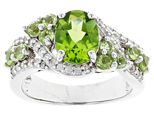 2.45ctw Oval, Round Manchurian Peridot With 0.50ctw Zircon Rhodium Over Sterling Silver Ring - Size 9