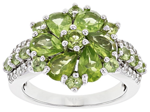 Photo of 3.30ctw Pear-shaped, Round Manchurian Peridot With 0.26ctw Zircon Rhodium Over Sterling Silver Ring - Size 7