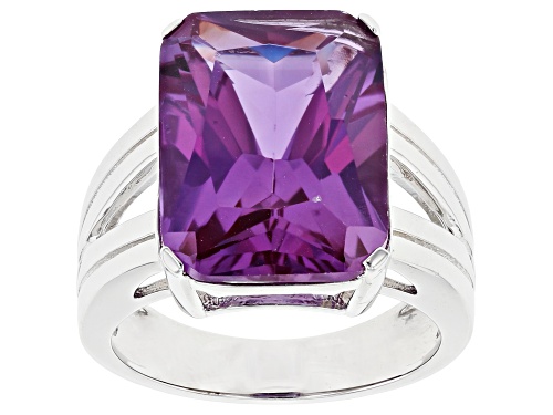 Photo of 12.07ct Lab Created Purple Color Change Sapphire Rhodium Over  Silver Solitaire Ring - Size 8