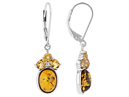 Photo of 9x7mm Amber, 0.68ctw Brazilian Citrine, and 0.03ctw White Zircon Rhodium Over Silver Earrings