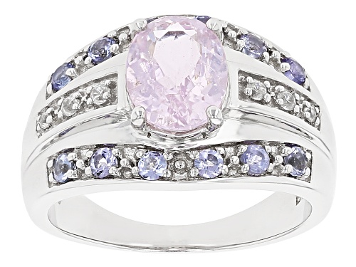 2.06ct Kunzite With 0.43ctw Tanzanite, and 0.10ctw White Zircon Rhodium Over Silver Ring - Size 6