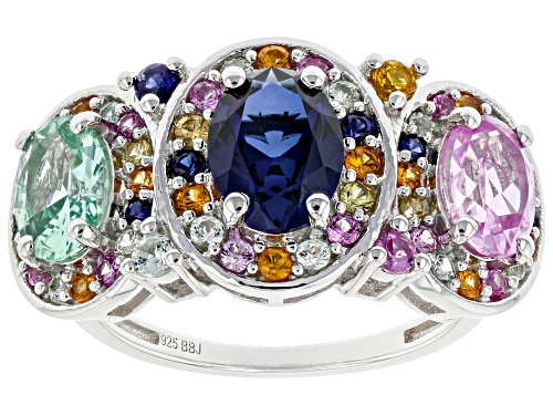Photo of 2.85ctw Oval and 0.74ctw Round Multi-Color Lab Created Sapphire Rhodium Over Sterling Silver Ring - Size 8