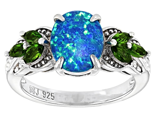 Photo of 0.72ct Oval Lab Created Opal With 0.46ctw Marquise Chrome Diopside Rhodium Over Silver Ring - Size 8