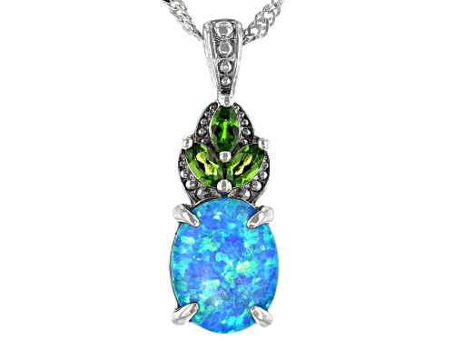 0.72ct Lab Created Opal With 0.20ctw Chrome Diopside Rhodium Over Silver Pendant With Chain