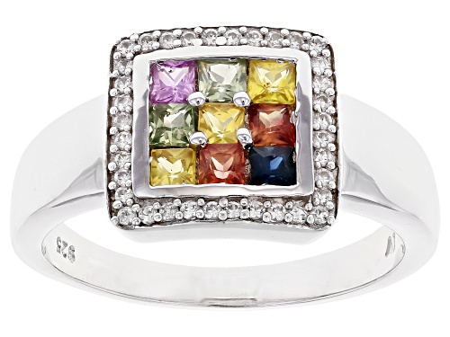 1.08ctw Square Multi Color Sapphire and 0.21ctw Round Zircon Rhodium Over Sterling Silver Ring. - Size 9.5