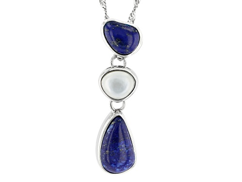 Fancy Shape Lapis Lazuli and 7x6mm Mother-of-Pearl Rhodium Over Silver Pendant With Chain