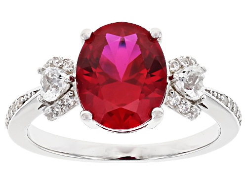 2.55ct Lab Created Ruby With 0.40ctw White Topaz And White Zircon Rhodium Over Silver Ring - Size 8