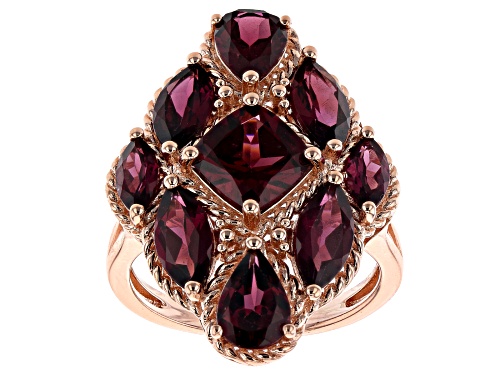 Photo of 6.40ctw Mixed shapes Raspberry Color Rhodolite 18K Rose Gold Over Sterling Silver Ring - Size 8