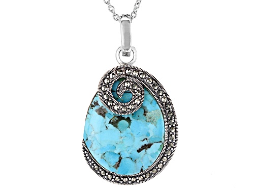Photo of Pre-Owned 28x24mm Pear Shape Cabochon Blue Turquoise And Round Marcasite Silver Enhancer With Chain