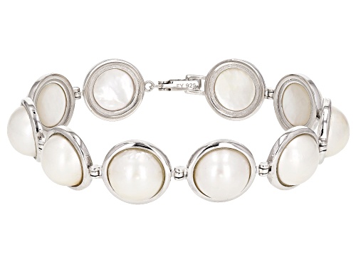 Pre-Owned 12mm White Cultured South Sea Mabe Pearl Rhodium Over Sterling Silver 7.5 Inch Bracelet - Size 7.5