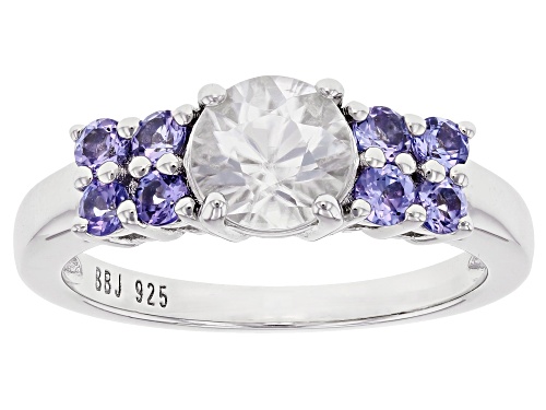Pre-Owned 1.60ct Round White Zircon with .47ctw Round Tanzanite Rhodium Over Sterling Silver Ring - Size 7
