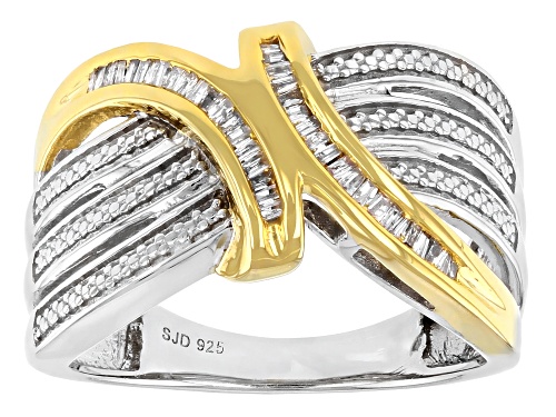 Pre-Owned 0.20ctw Baguette White Diamond Rhodium And 14K Yellow Gold Over Sterling Silver Bypass Rin - Size 5