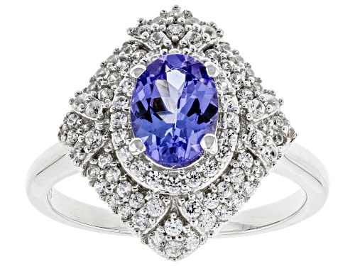 Pre-Owned 1.05ct Oval Tanzanite With 0.80ctw Round White Zircon Rhodium Over Sterling Silver Ring - Size 7