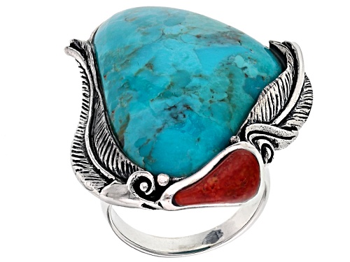 Photo of Pre-Owned Southwest Style By Jtv™ Fancy Shape Turquoise And Red Sponge Coral Silver Ring - Size 4