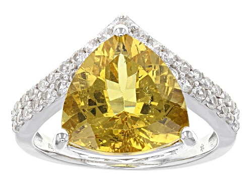 Pre-Owned 5.75ct Trillion Golden Apatite With .75ctw Round White Zircon Sterling Silver Ring - Size 7