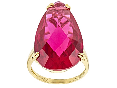 Pre-Owned 18.00ct Pear Shaped Lab Created Ruby 18K Yellow Gold Over Sterling Silver Solitaire Ring - Size 7
