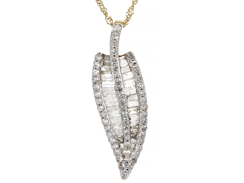 Pre-Owned 1.15ctw Baguette And Round White Diamond 10K Yellow Gold Leaf Pendant With 18 Inch Singapo