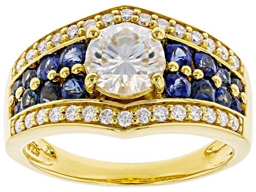 Photo of Pre-Owned MOISSANITE FIRE(R) 1.30CTW DEW AND BLUE SAPPHIRE 14K YELLOW GOLD OVER SILVER RING - Size 9