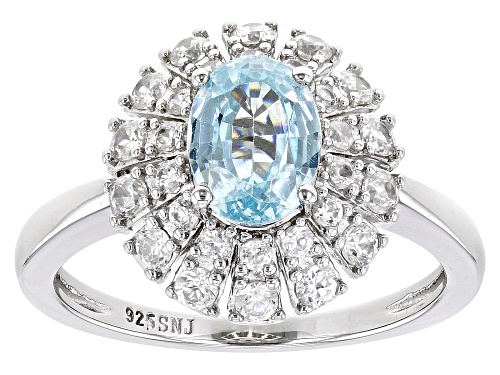 Pre-Owned 1.90ct Oval Blue Zircon With 1.00ctw Round White Zircon Rhodium Over Sterling Silver Ring - Size 6