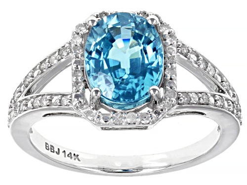 Pre-Owned 2.58ct Oval Blue Zircon With 0.20ctw Round White Diamond Rhodium Over 14k White Gold Ring - Size 9