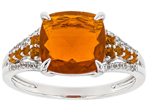Photo of Pre-Owned 1.47ctw Cushion & Round Mexican Fire Opal With .15ctw White Zircon Rhodium Over 14k White - Size 7