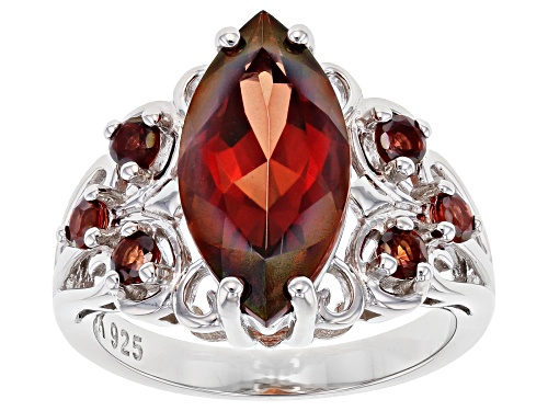 Pre-Owned 2.85ct Marquise And .41ctw Round Red Labradorite Rhodium Over Sterling Silver Ring - Size 8