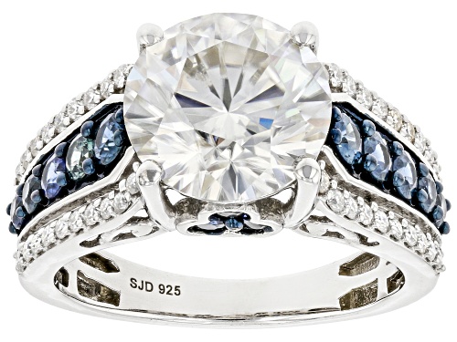 Pre-Owned MOISSANITE FIRE(R) 4.00CTW DEW ROUND & BLUE SAPPHIRE PLATINEVE(R) RING - Size 6