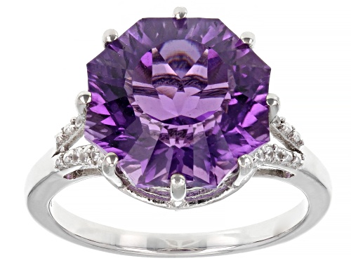 Pre-Owned 4.67ct Amethyst And 0.05ctw White Zircon Rhodium Over Sterling Silver Ferris Wheel Cut Rin - Size 6