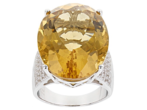 Pre-Owned 20.00ct Oval Brazilian Citrine With 1.00ctw White Zircon Rhodium Over Silver Solitaire Rin - Size 8
