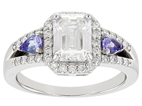 Pre-Owned MOISSANITE FIRE(R) 2.11CTW DEW EMERALD CUT & ROUND WITH TANZANITE PLATINEVE(R) RING - Size 7