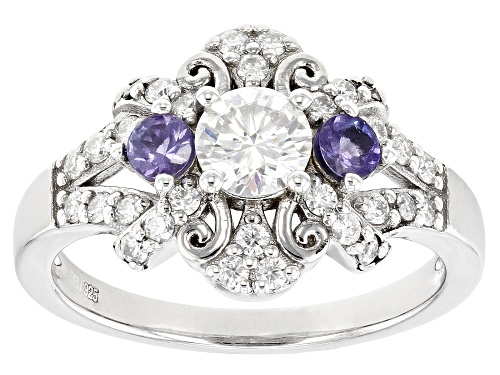 Pre-Owned MOISSANITE FIRE(R) .80CTW DEW ROUND & TANZANITE PLATINEVE(R) RING - Size 6