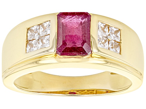 Pre-Owned 2.14ct Mahaleo® Ruby And 0.79ctw White Zircon 3k Yellow Gold Men's Ring - Size 9