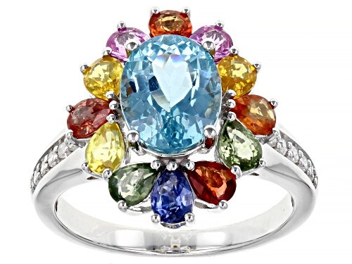 Pre-Owned 1.87ct Oval Apatite With 2.08ctw Multi Sapphire And White Diamond Rhodium Over 14k White G - Size 7